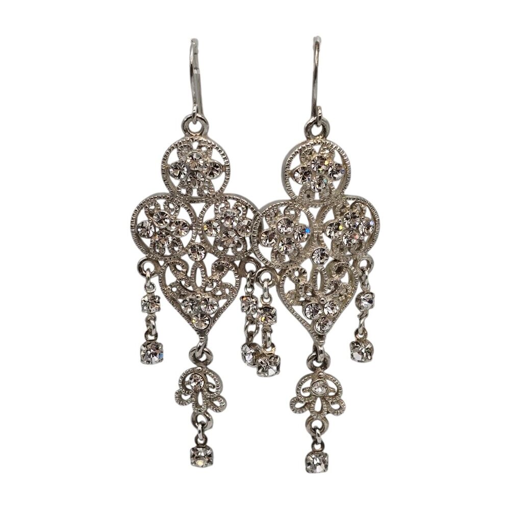 Pierced Earrings Wedding Dangle Heart Links Clear Rhinestones Silver Tone